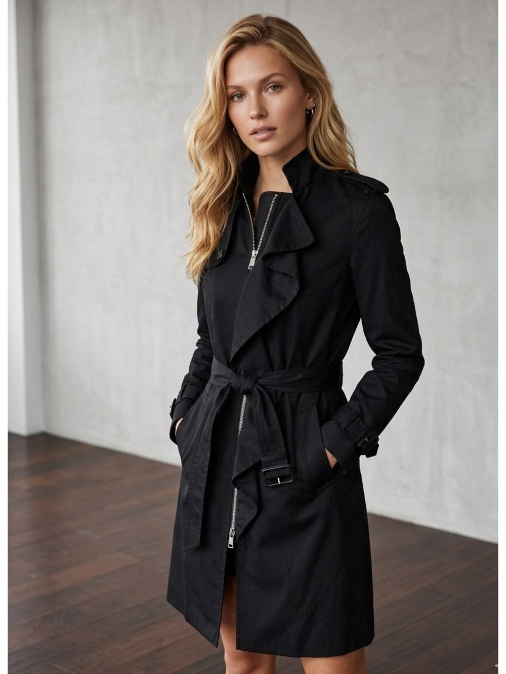 Elle Black Trench Coat with Waist Tie and Zip Front